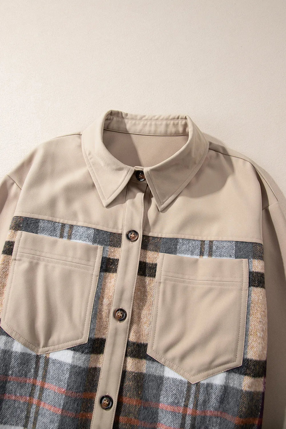 khaki plaid long sleeve button front mini shirt dress full length view