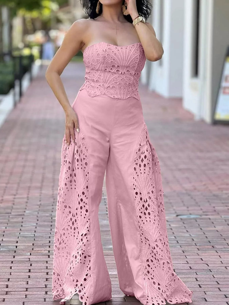 Hollow out tube top and pants two piece set pink front view