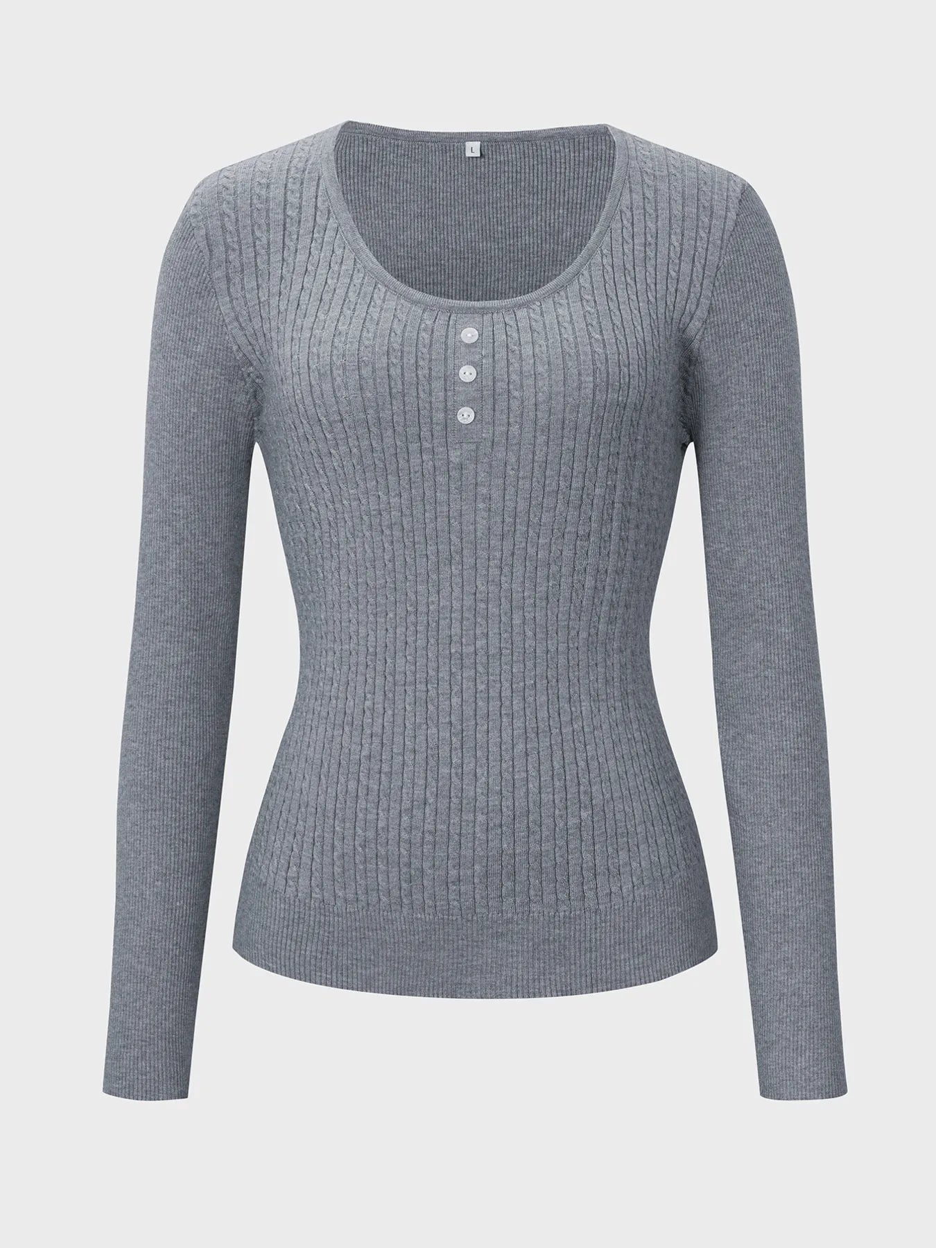 Button Detail Long Sleeve Cable Knit Top - Fashorio
