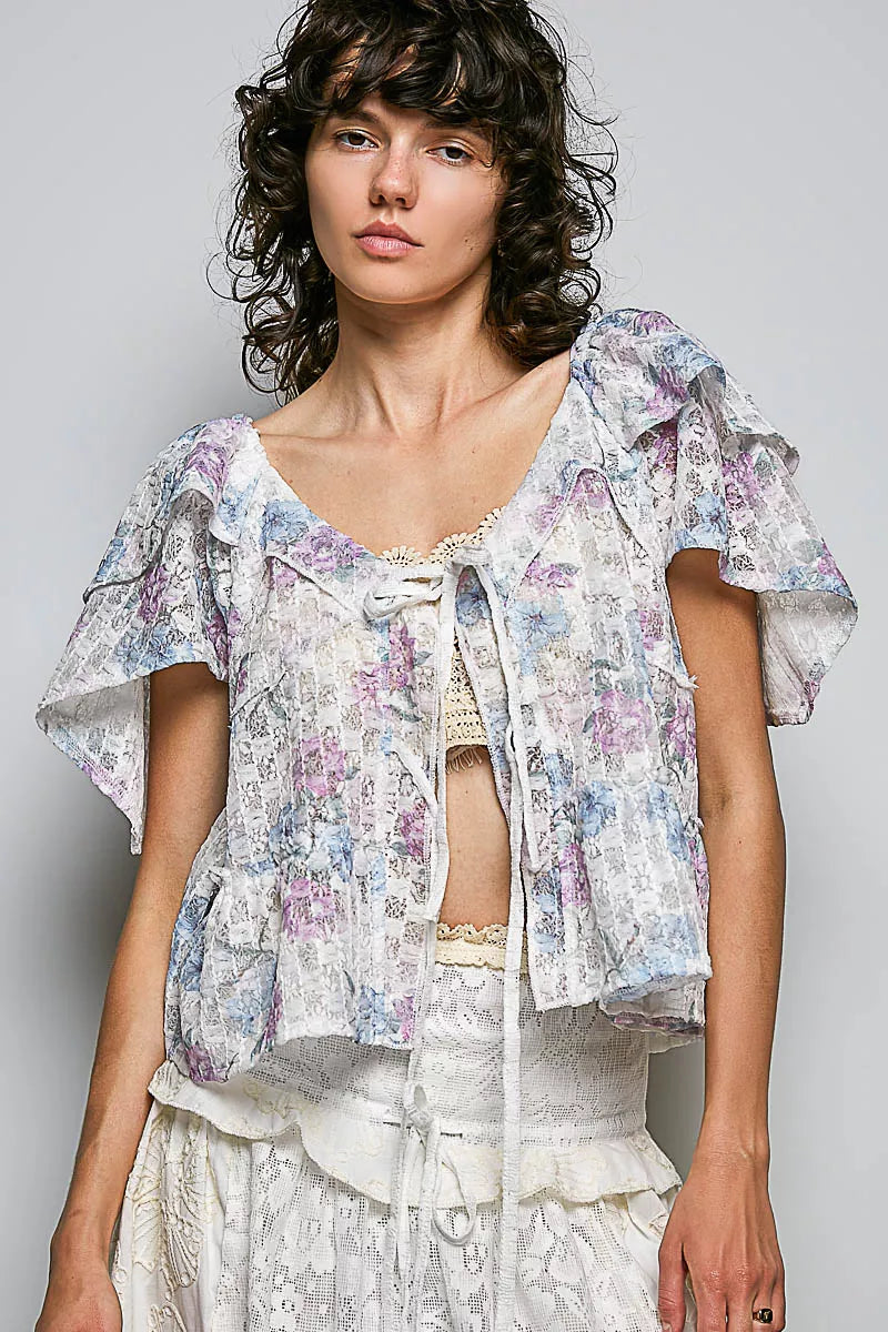 POL lace floral tie front ruffle blouse in off white, front view