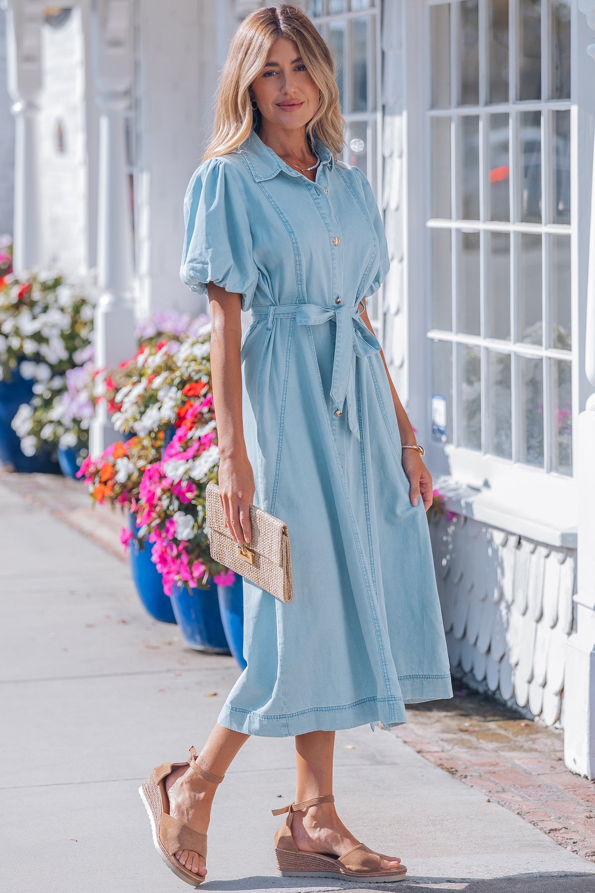 Long denim dress with bubble sleeves side view