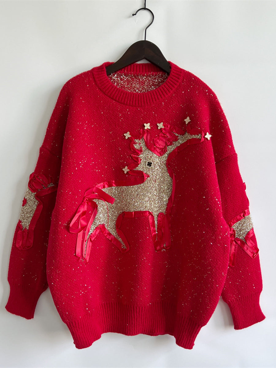Reindeer Round Neck Long Sleeve Sweater - Fashorio
