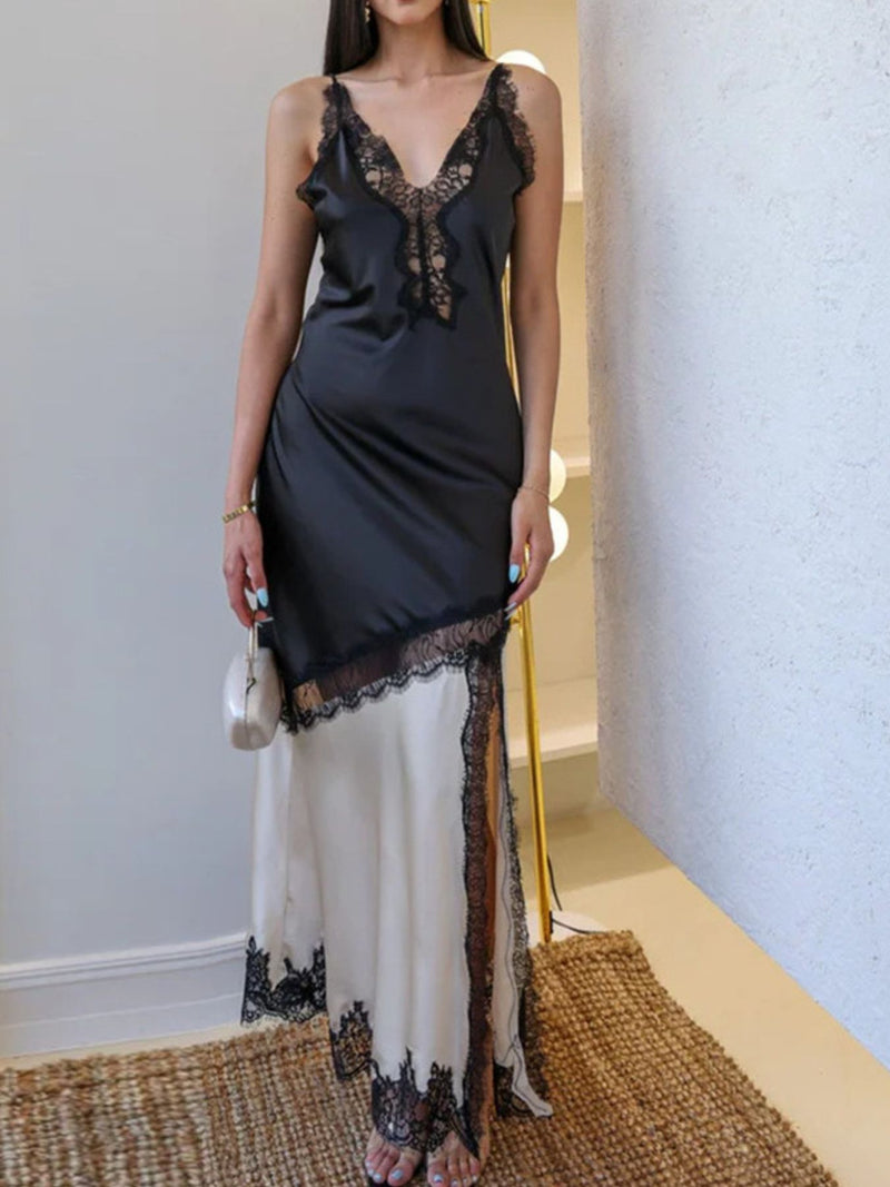 Black two tone lace trimmed slip dress front view