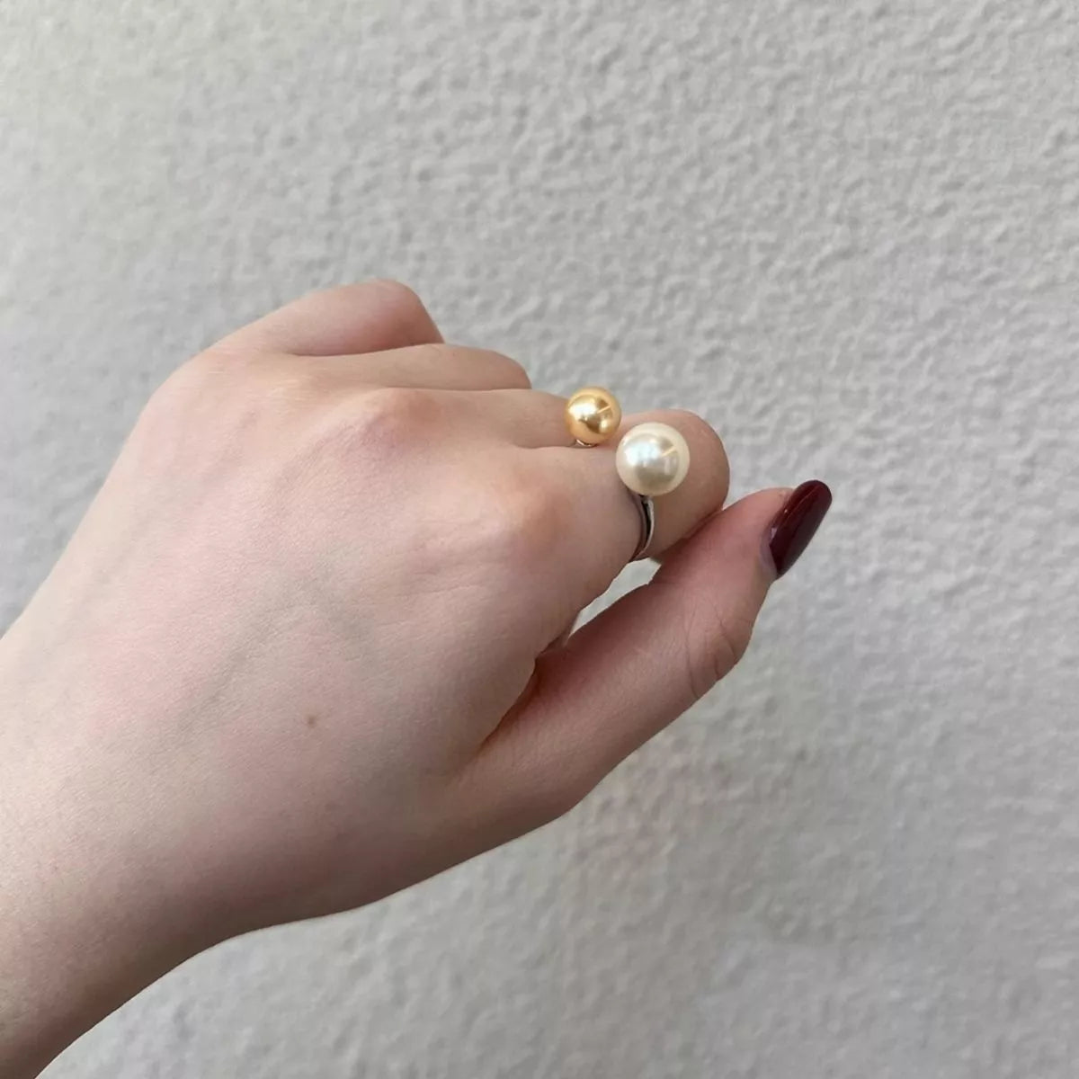 Double pearl open sterling silver ring side view
