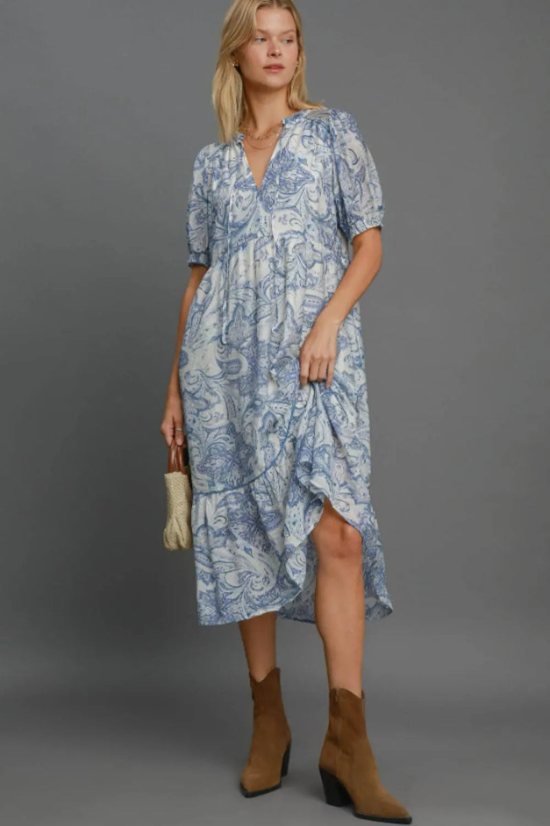 Printed Puff Short Sleeve Midi Dress