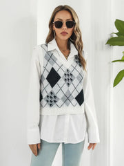 V-Neck Plaid Sweater Vest White - Fashorio