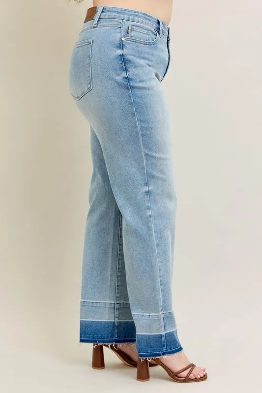 Side detail of release hem wide leg jeans