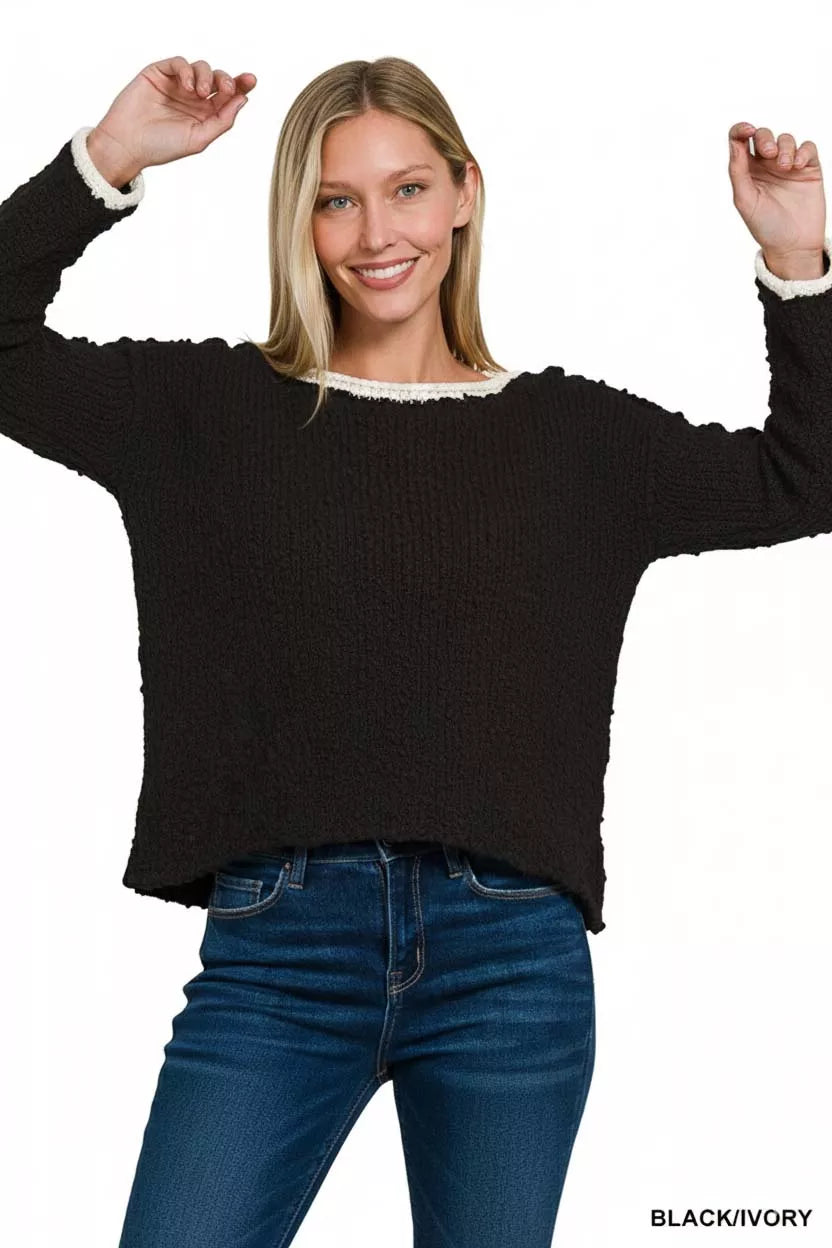 Contrast Trim Cropped Sweater in Black and Ivory back view