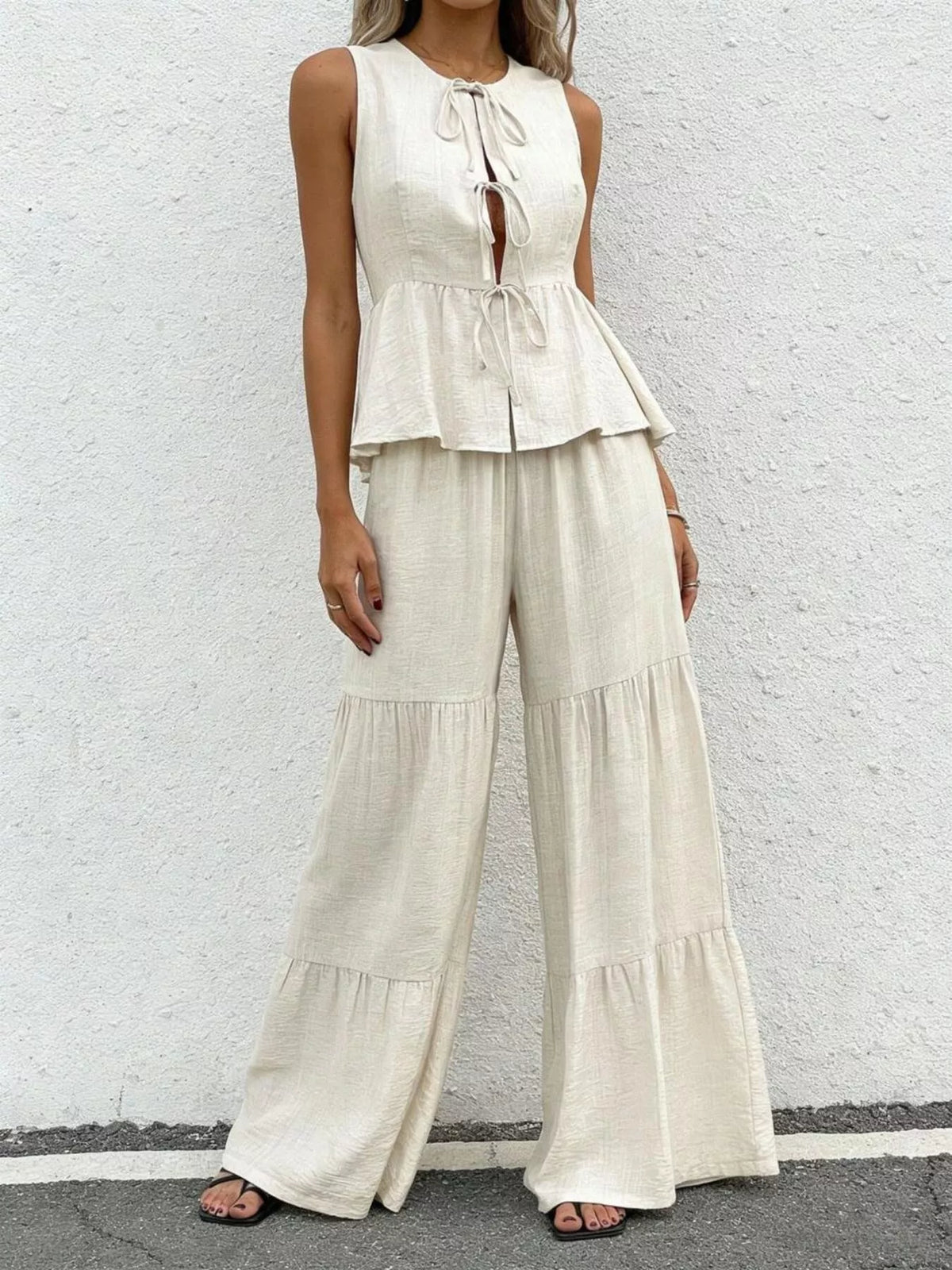 Wide leg pants drape detail on model