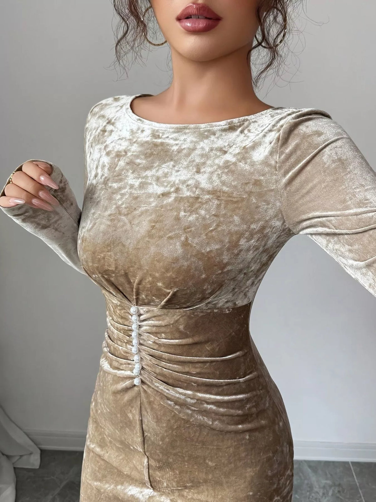 Velvet ruched bodycon maxi dress in khaki, side profile