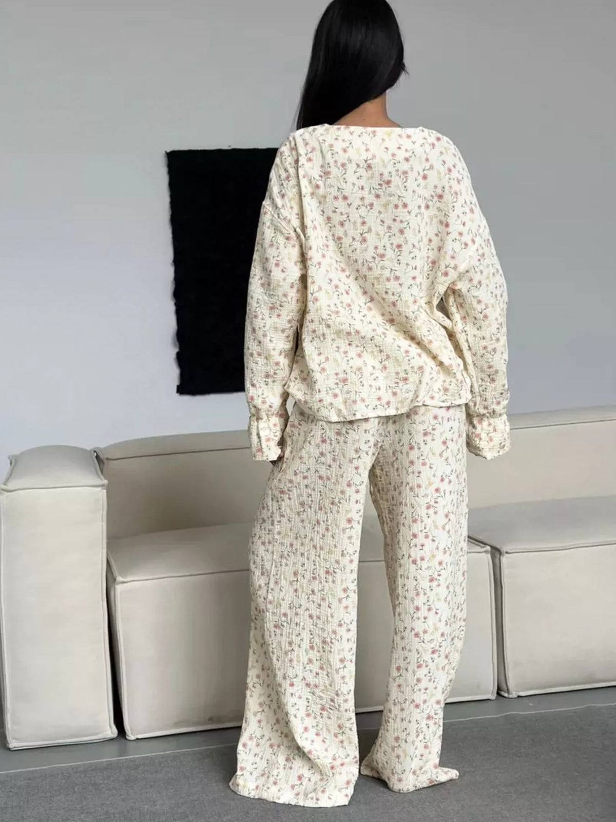 Floral button down two piece set side view