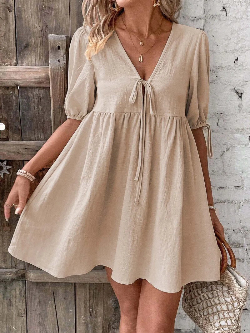 V-neck tie-front puff sleeve mini dress front view