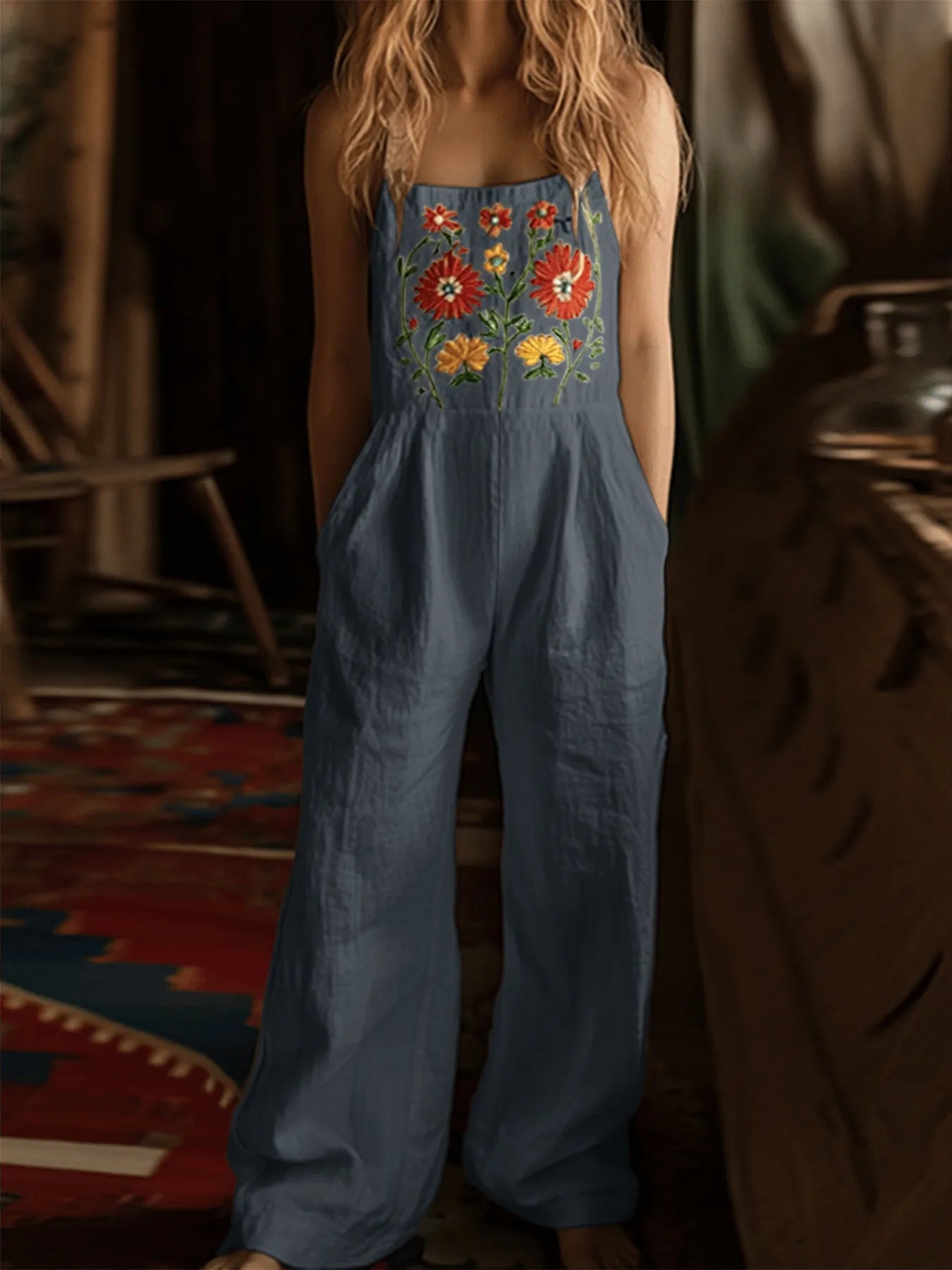 Floral Embroidered Wide Leg Jumpsuit - Fashorio