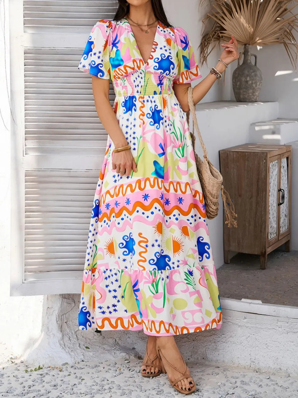 V-neck printed maxi dress multicolor