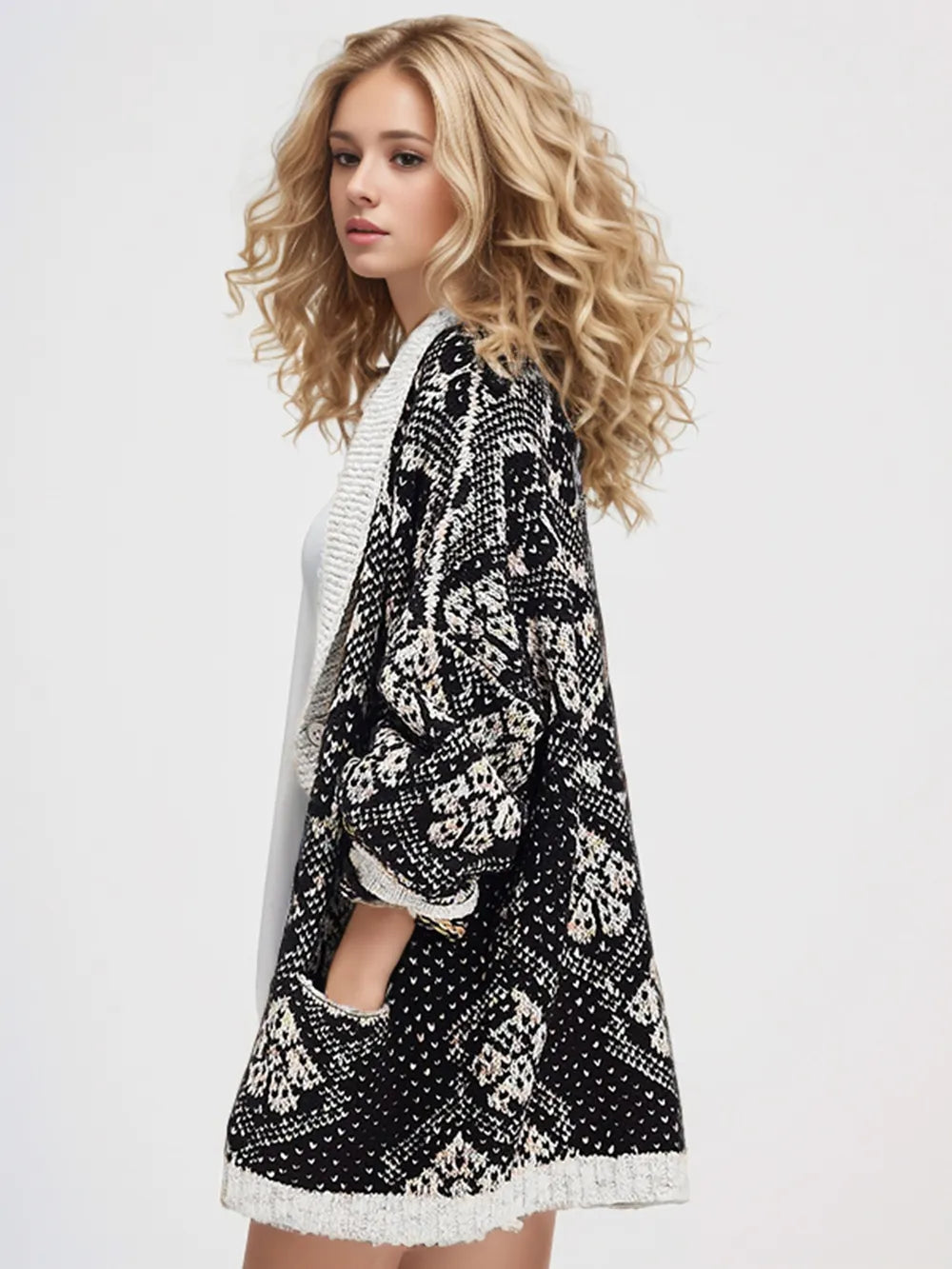 Open Front Long Sleeve Graphic Cardigan - Fashorio