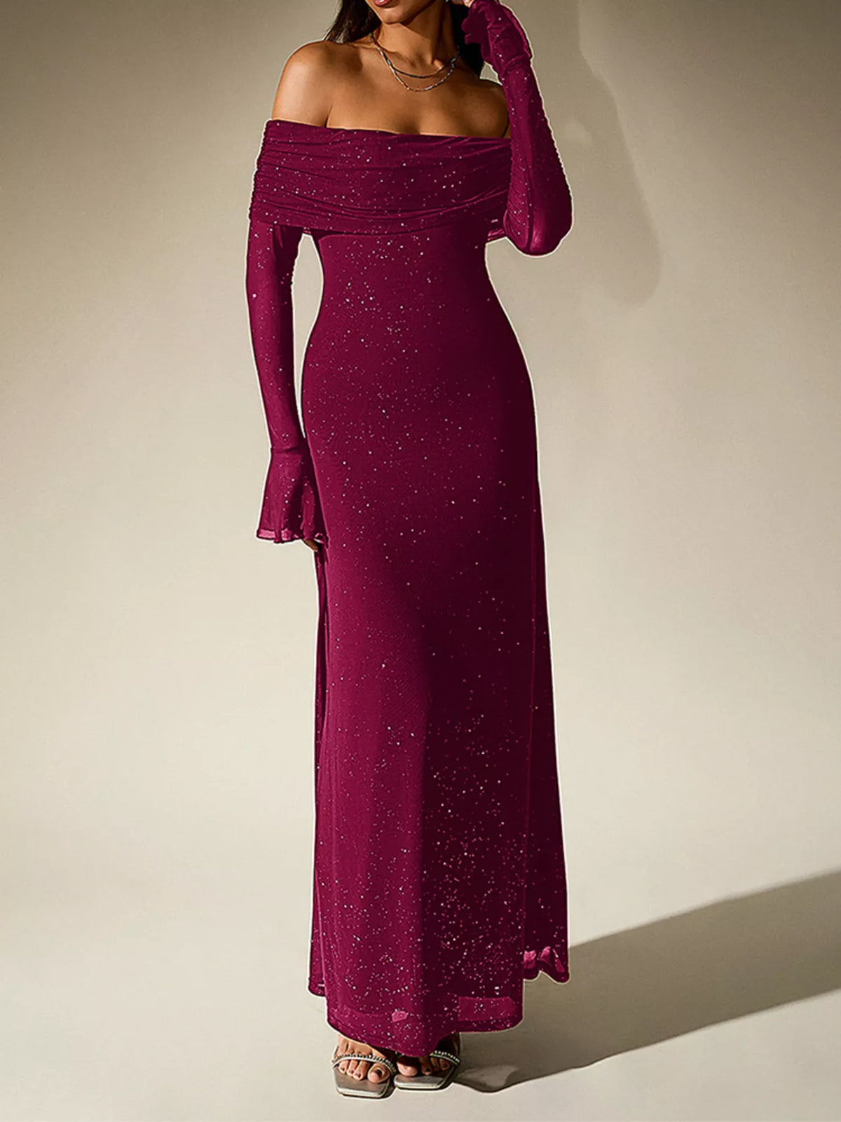 glitter off shoulder maxi dress detail view 22