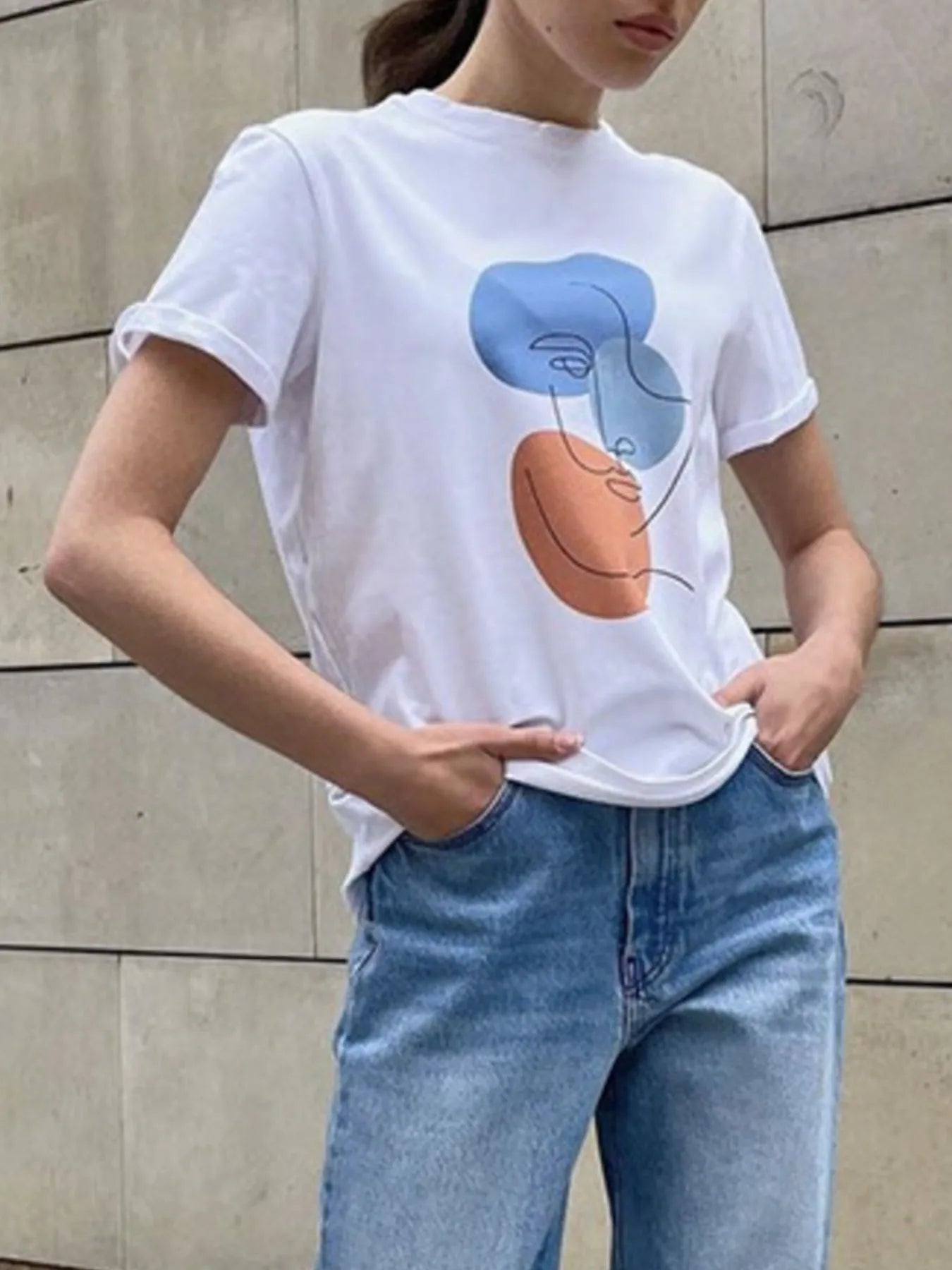 Abstract Face Graphic Casual Round Neck T-Shirt - Fashorio