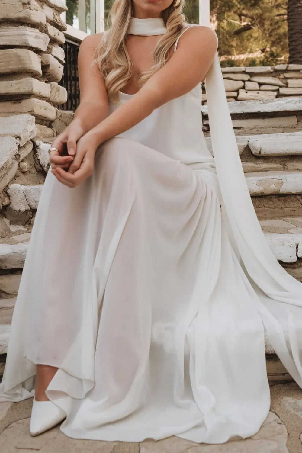 Adjustable strap maxi cami dress with matching scarf, side view