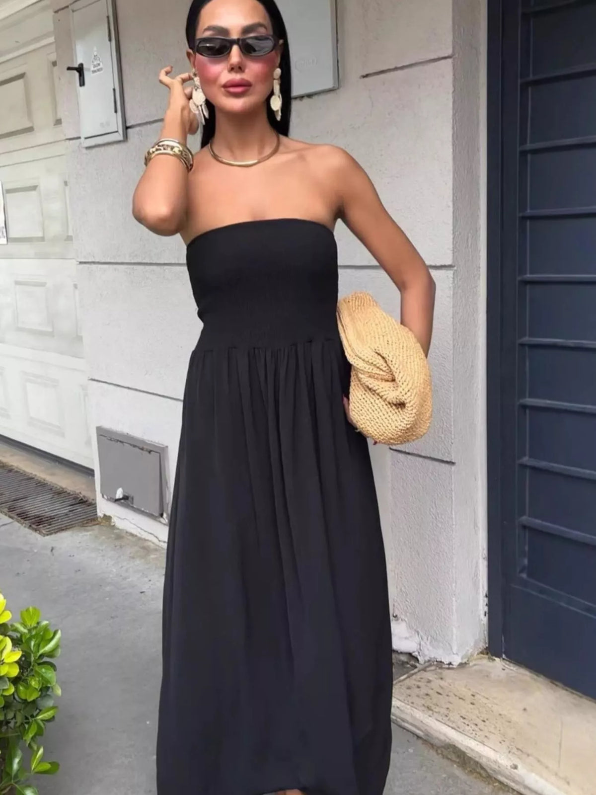 Strapless smocked maxi dress back view