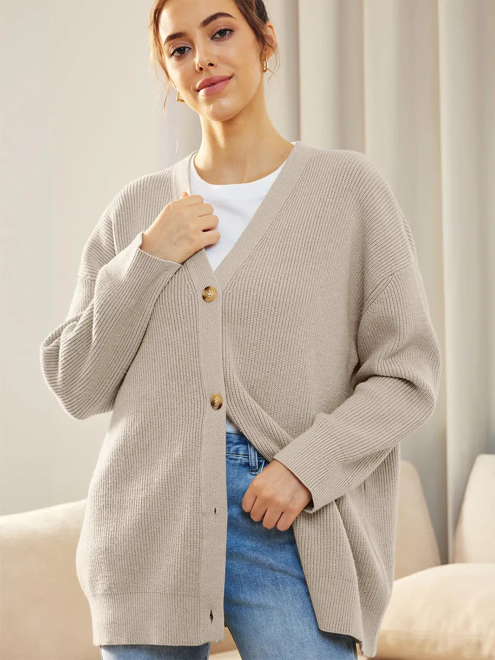 Button Down V-Neck Long Sleeve Cardigan Dust Storm - Fashorio