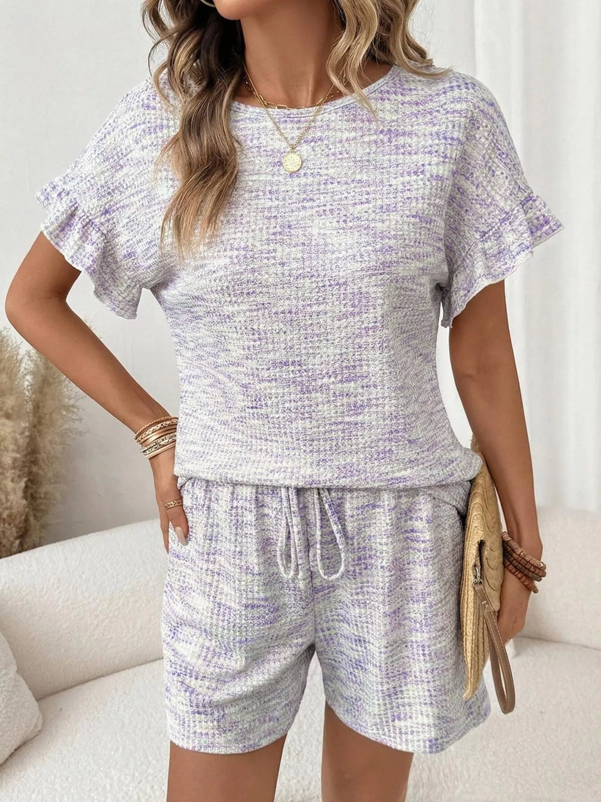Ruffle Sleeve Textured Top and Shorts Set, view 25