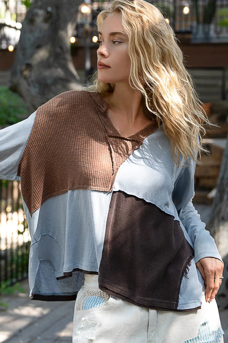 POL Color Block Notched Long Sleeve T-Shirt - Fashorio