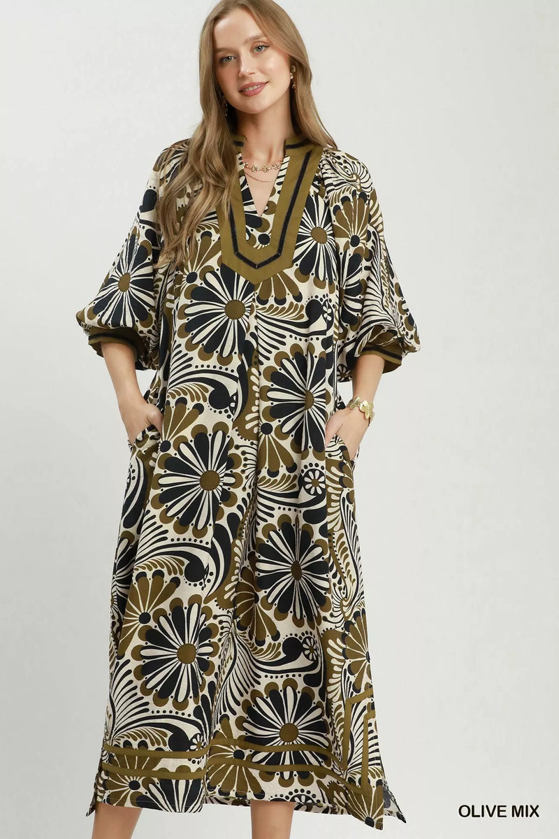 Umgee abstract print midi dress in olive mix front view
