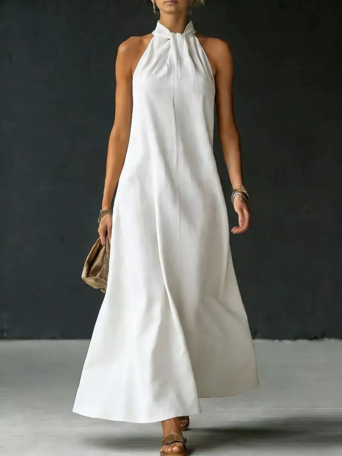 Open back view of halter neck maxi dress