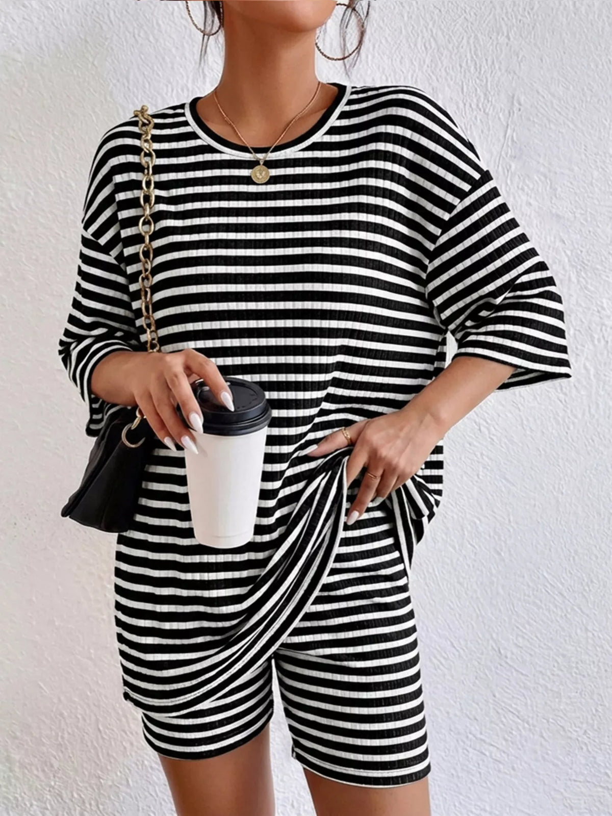 Striped Round Neck Top and Shorts Set, view 8