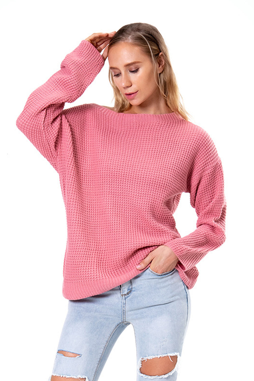 Boat Neck Drop Shoulder Long Sleeve Sweater - Fashorio