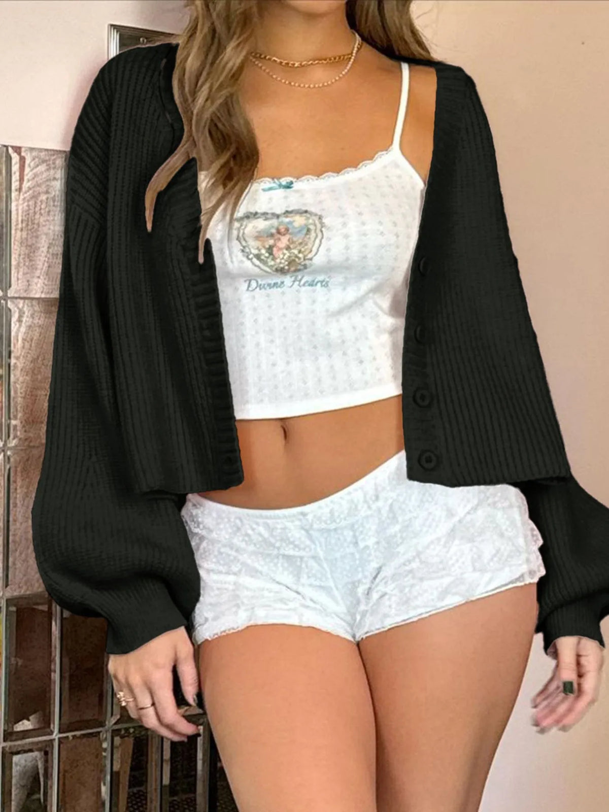 button up drop shoulder cardigan full length view