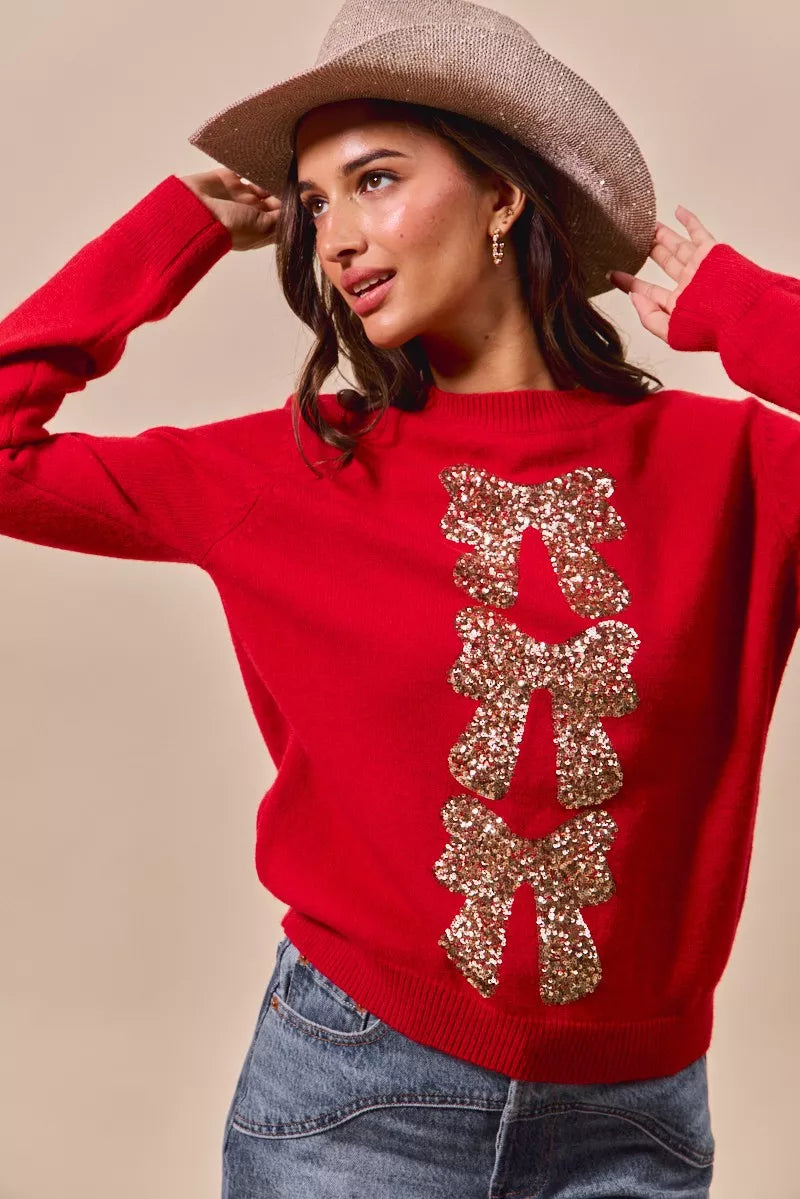 Sequin Bow Ribbon Christmas Sweater in Red and Gold detail