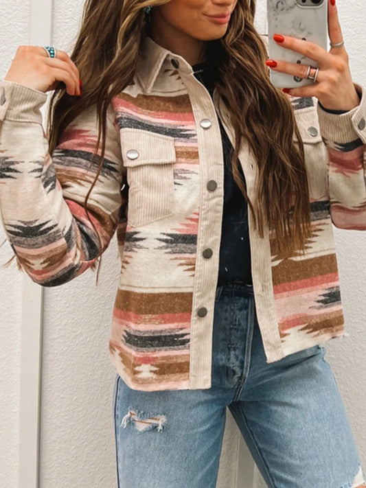 Corduroy Hem Striped Button-Up Jacket – Casual Long Sleeve Multicolor - Fashorio