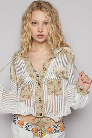 POL Vintage Washed Crochet Hoodie Jacket With Patchwork OFF WHITE OLIVE MULTI - Fashorio