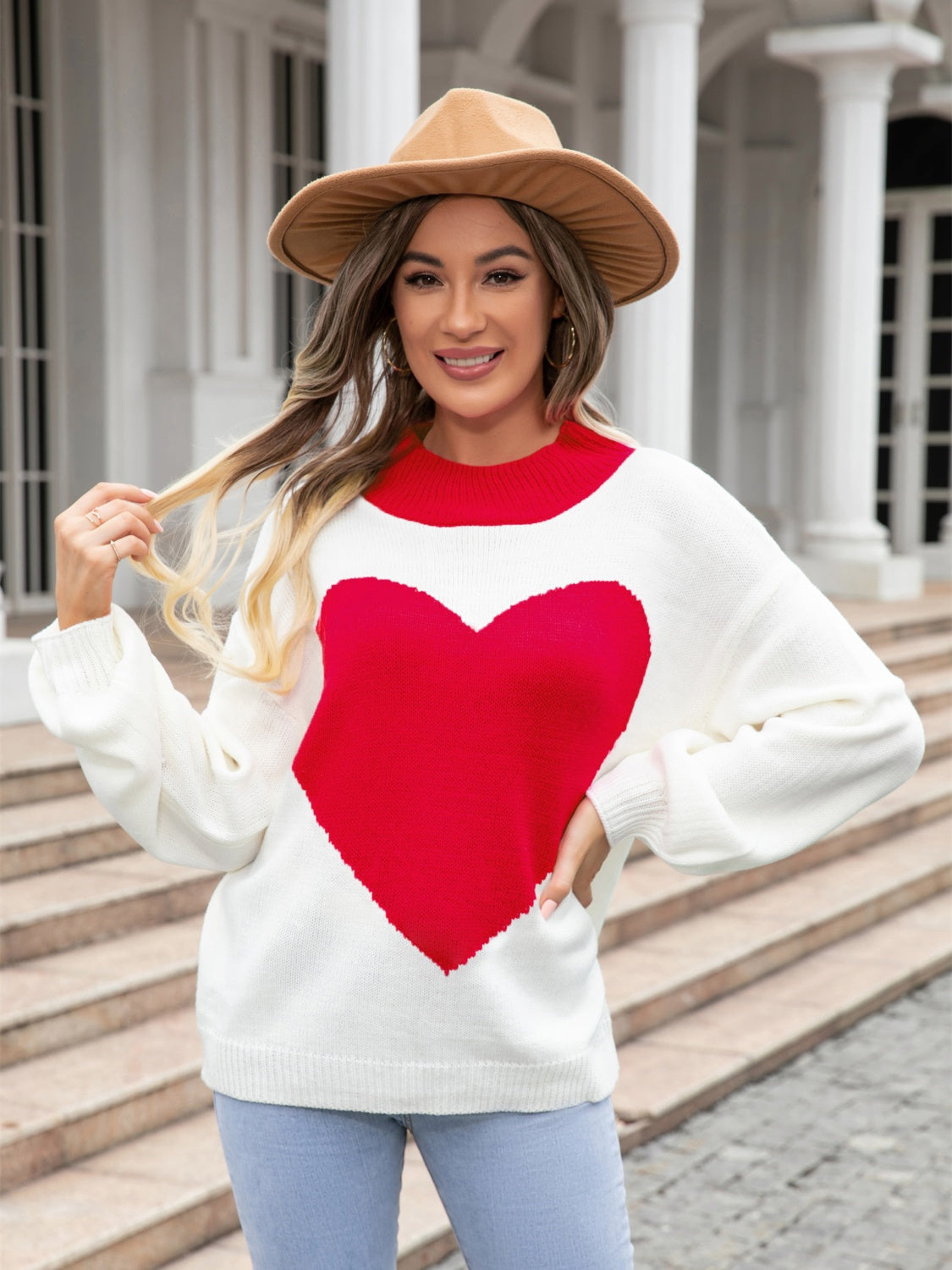 Angel Wings Heart Graphic Round Neck Sweater Deep Red - Fashorio