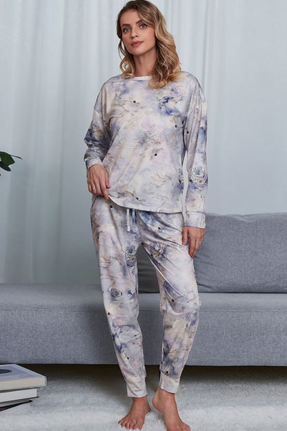 Shiny Tie-Dye Crewneck Top and Drawstring Waist Joggers Lounge Set Light Blue - Fashorio