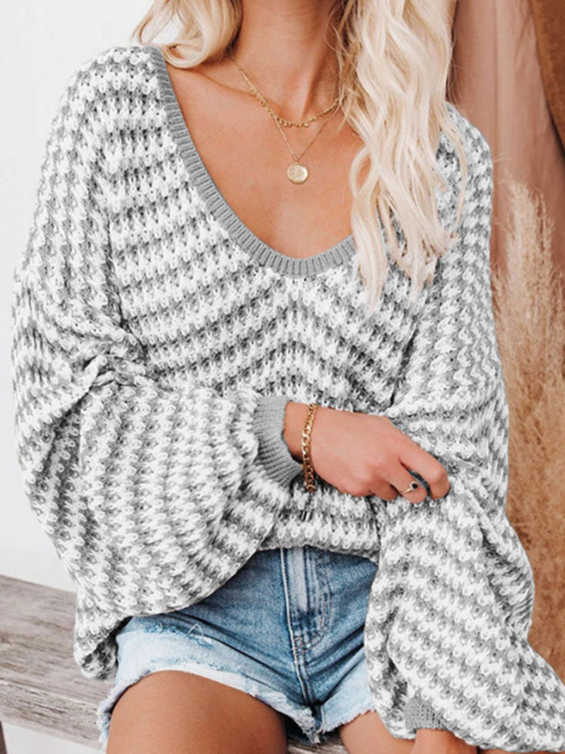 Striped Drop Shoulder V-Neck Sweater - Fashorio