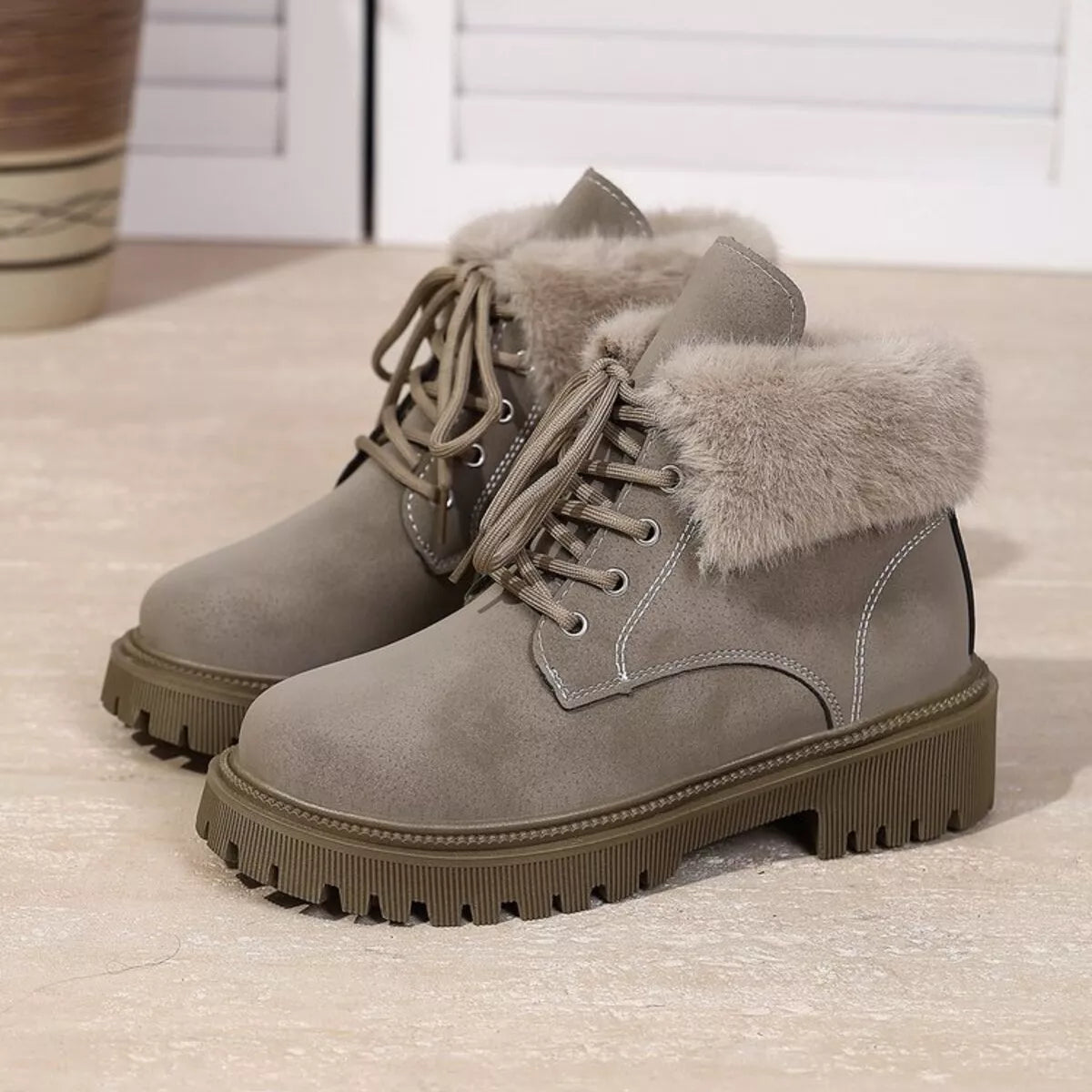 Lace Up Round Toe Block Heel Boots angled view