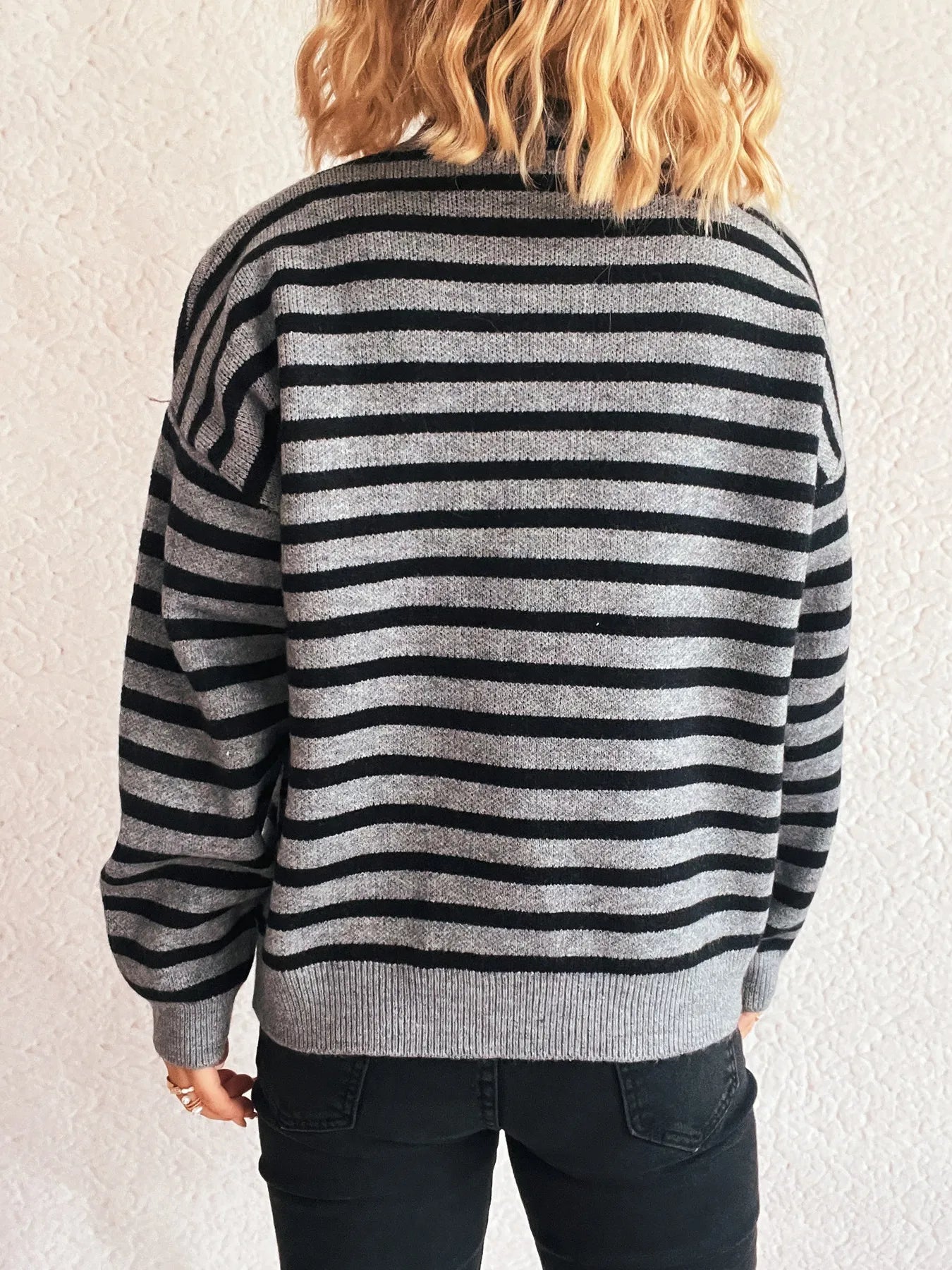 Striped Mock Neck Long Sleeve Sweater - Fashorio