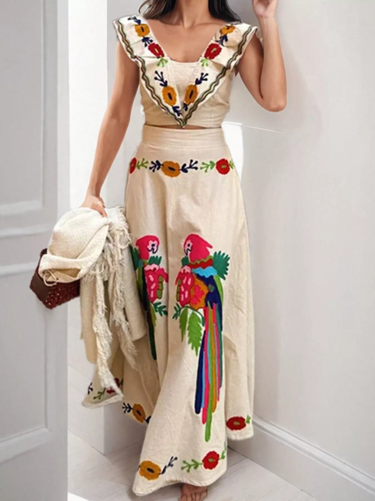 Parrot print two piece set crop top close up