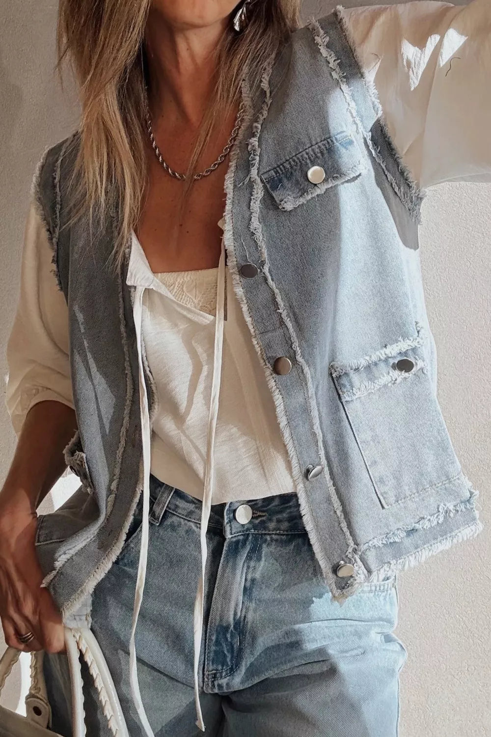 Frayed Flap Pocket Denim Vest in Light Blue