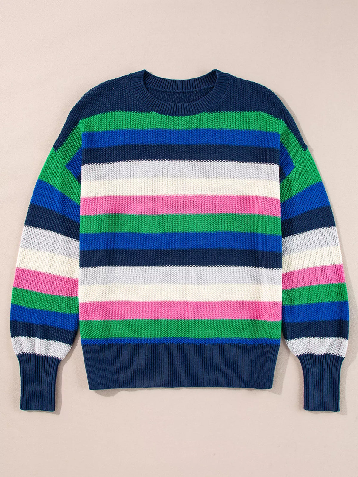 rainbow striped crew neck sweater fabric and knit detail
