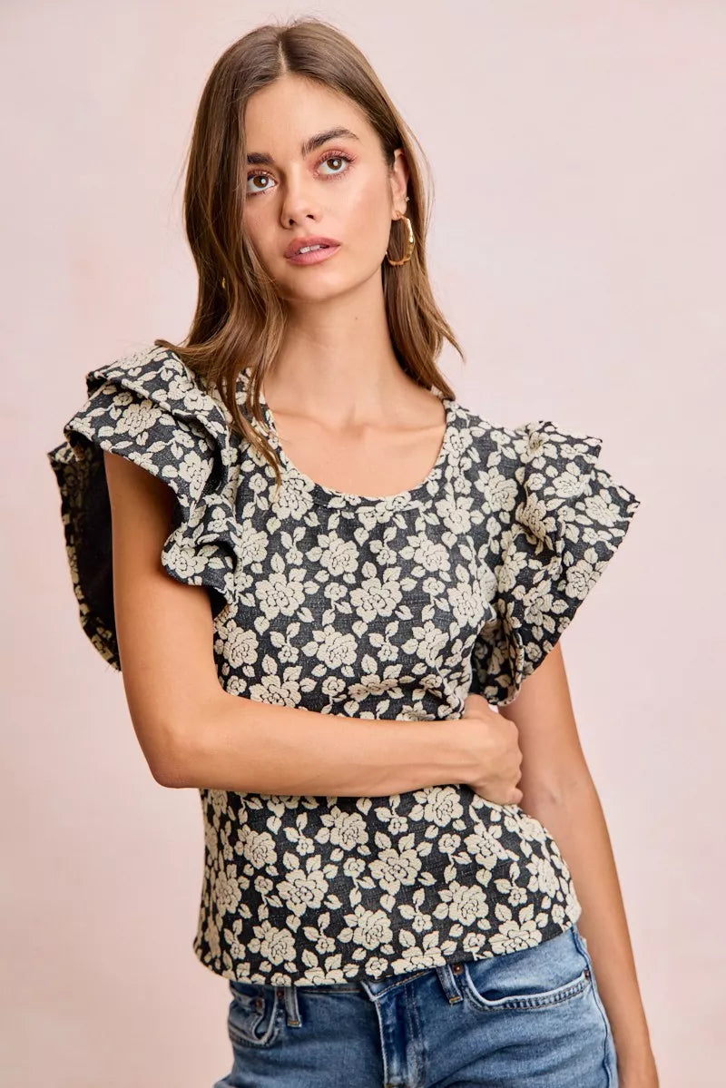 Ruffle flutter sleeve detail on floral jacquard top