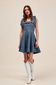 SO ME A Line Fit and Flare Diamond Bow Ribbon Denim Dres DENIM - Fashorio