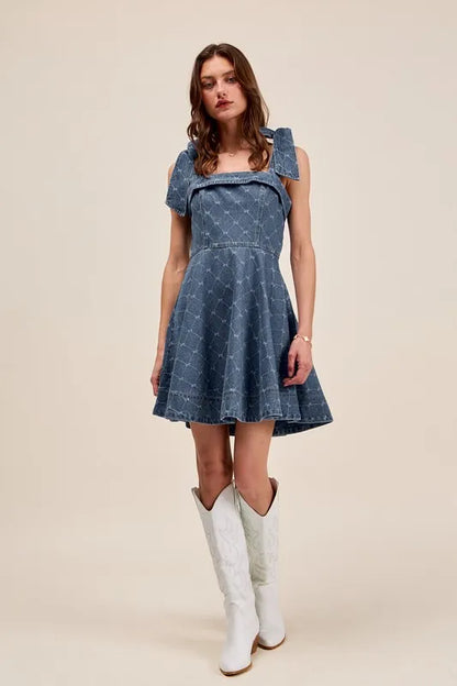 SO ME A Line Fit and Flare Diamond Bow Ribbon Denim Dres DENIM - Fashorio