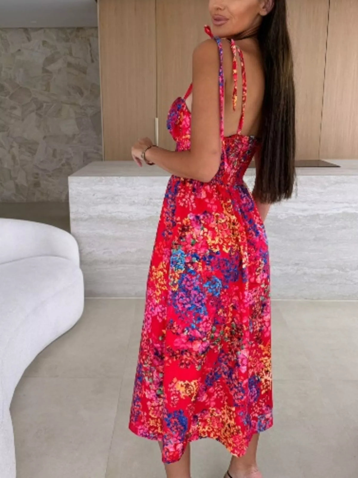 Printed tie strap midi dress flat lay view