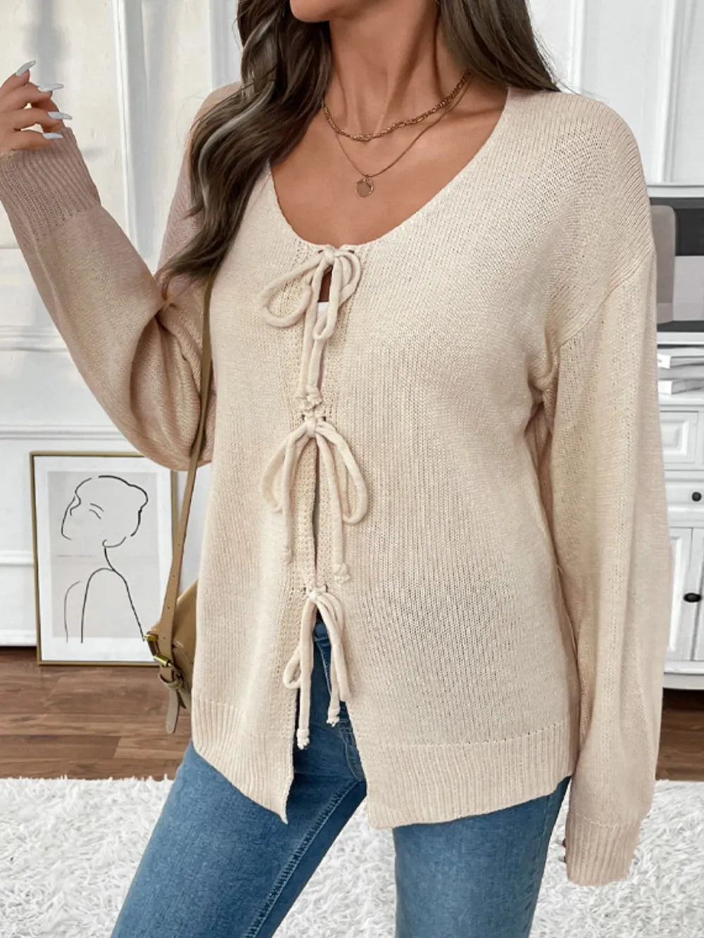 Perfee Tied Round Neck Long Sleeve Cardigan - Fashorio