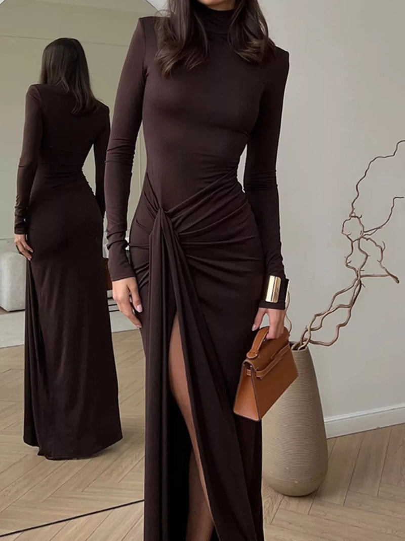 turtleneck long sleeve slit maxi dress front view