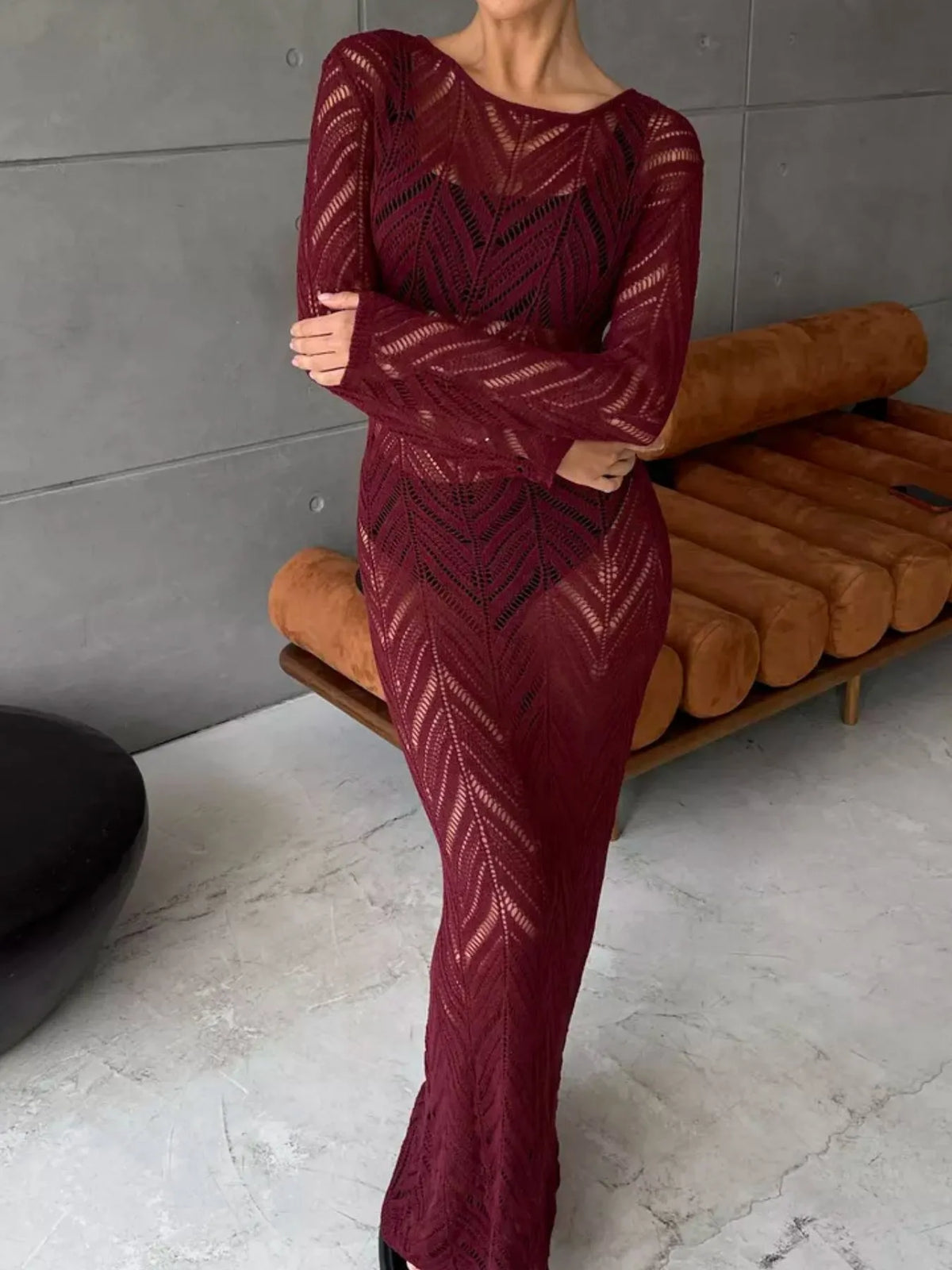openwork knit long sleeve cover up maxi dress full length view
