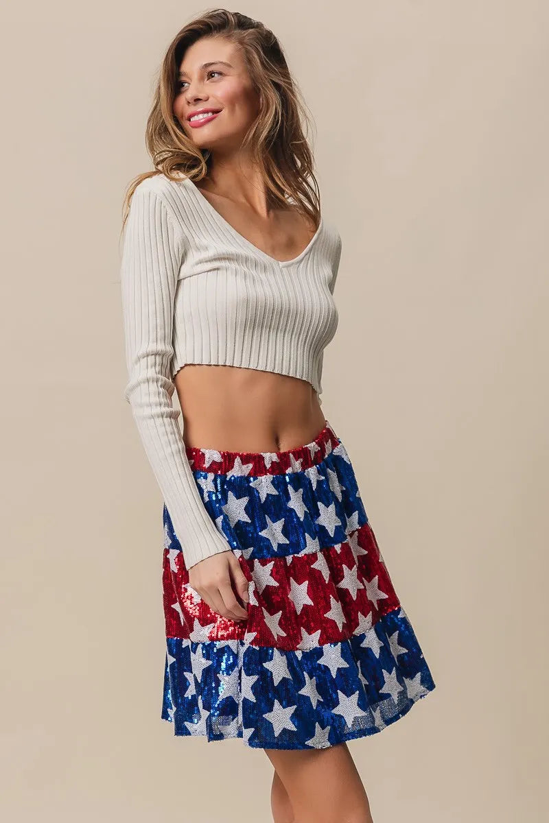 BiBi American Flag Theme Star Sequin Tiered Skirt - Fashorio